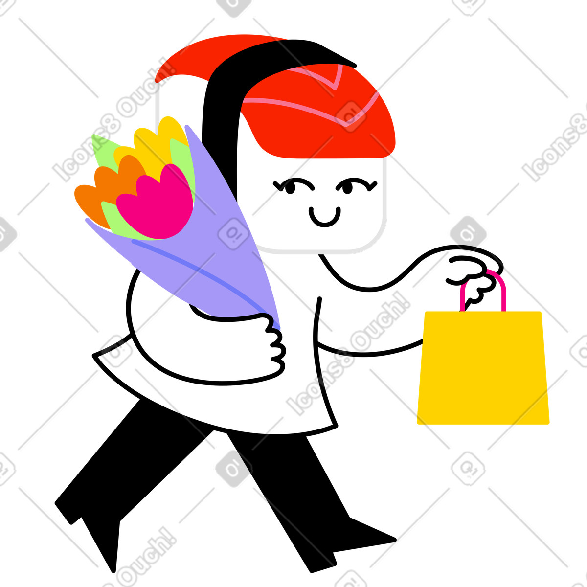 下载 Giggle 风格的 寿司头像人物带着郁金香和礼物行走 插画，支持 PNG、SVG 格式