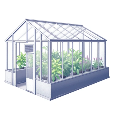 A greenhouse structure with large, transparent glass panels allowing ample light to enter. Inside, there are rows of various plants, including tall leafy greens and flowering plants, all displaying healthy, lush foliage. The environment is well-maintained, with a visible air conditioning unit mounted on the wall, designed to regulate the temperature and humidity levels. The floor is tiled, creating a clean and organized space for plant growth. Sunlight streams through the glass, highlighting the vibrant greens of the plants.