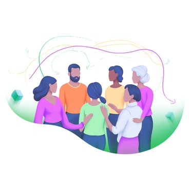 A modern pastel illustration featuring a group of diverse individuals standing in a circle. Each person is depicted with unique hairstyles, clothing, and accessories that reflect different cultures. Connecting lines in various colors radiate from each individual to the others, symbolizing collaboration and communication. The background is softly colored to enhance the focus on the people and the connecting lines.