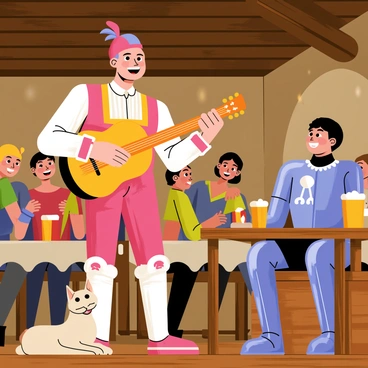 A minstrel with a lute is standing on a wooden stage in a bustling tavern. He has a bright smile and is dressed in colorful clothing, with a feathered hat perched jauntily on his head. A knight in shiny armor sits at a nearby table, laughing and enjoying the cheerful tune. The tavern is filled with patrons; some are clapping along to the music, while others are raising tankards of drink. There are wooden beams overhead and flickering candles lighting the room, creating a warm atmosphere. A small dog is curled up under the minstrel's stage, adding to the lively scene.