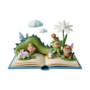 A collection of fantasy creatures in the margins of an open storybook. A large dragon with shimmering green scales and large wings is curled up in the corner. Nearby, a delicate fairy with translucent blue wings is fluttering around a flower, which is detailed with vibrant colors. There is also a small unicorn with a spiraled horn and a flowing mane, grazing on a patch of grass. A friendly troll with a goofy expression is peeking from behind a page, and whimsical clouds float above, completing the imaginative scene. Each creature is intricately illustrated, adding a playful touch to the borders of the book.