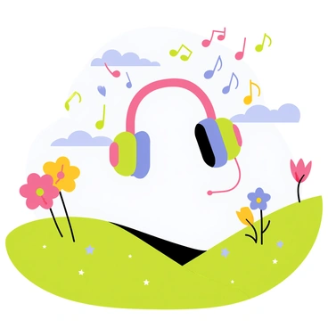 A surreal landscape featuring rolling green hills under a bright blue sky. In the center, a large pair of colorful levitating headphones emits colorful musical notes that float gracefully into the air. The musical notes are depicted in various shapes and colors, swirling around in the breeze. In the background, there are whimsical, oversized flowers with vibrant petals, adding to the dreamlike quality of the scene. The ground is dotted with small, sparkling stars that catch the light, enhancing the surreal atmosphere.