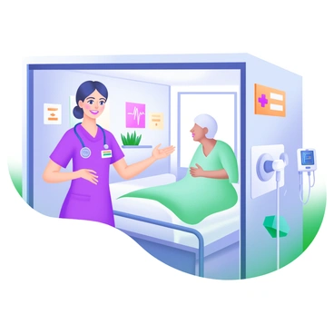 A hospital room featuring a nurse standing at the entrance, wearing scrubs and a name badge. The nurse has a friendly smile and is gesturing welcomingly towards a hospital bed. The room is brightly lit, with medical equipment like a heart rate monitor and an IV stand in the background. There are cheerful decorations on the wall, such as framed artwork and a plant on the windowsill, creating a warm atmosphere. A new patient, an elderly person in a hospital gown, is seen entering the room, appearing reassured by the nurse's welcoming demeanor.