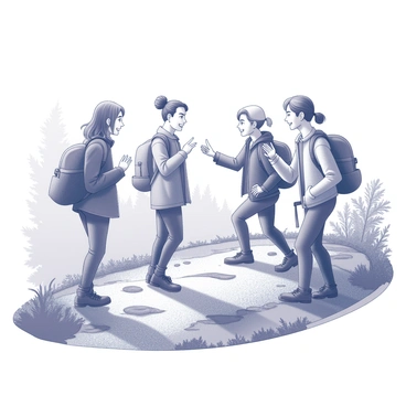 A group of four friends is hiking on a muddy trail. They are dressed in outdoor clothing, with backpacks slung over their shoulders. The friends are smiling and engaged in conversation. One person is gesturing with their hands as they talk, while another is pointing ahead on the trail. The path is surrounded by trees and underbrush, with muddy patches showing signs of recent rainfall. The ground is uneven, and there are small puddles along the trail. Each friend has a distinct hairstyle or accessory that highlights their personality.