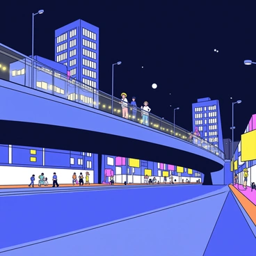 A pedestrian bridge illuminated by soft, glowing lights. The bridge features smooth, modern lines and is suspended above a busy street. In the background, tall buildings with bright windows are visible, adding to the urban atmosphere. People can be seen walking along the bridge, some stopping to admire the view. The night sky is dark, contrasting with the warm glow of the bridge lights. Streetlights cast additional light on the bustling sidewalk below.