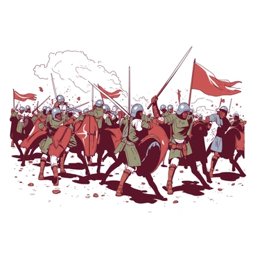 A large master illustration board depicts a historical battle scene. In the foreground, various soldiers are engaged in intense combat, wearing detailed armor and wielding weapons such as swords and shields. The soldiers' expressions show determination and focus as they clash with one another. In the background, there are flags waving, adding to the chaotic atmosphere. Dust and debris fill the air, creating a sense of movement and urgency throughout the battlefield. The overall composition showcases a vivid depiction of the struggle and bravery of the soldiers involved in the conflict.