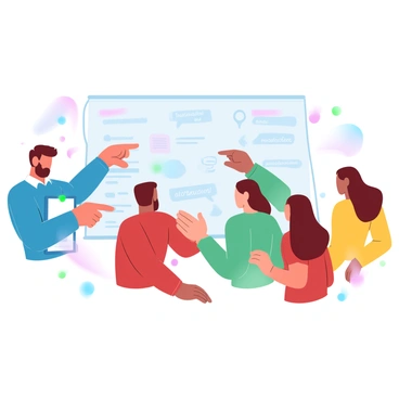 A group of five participants is gathered around a large whiteboard, actively engaging with each other. One person, wearing a bright blue shirt, is gesturing towards the whiteboard, pointing out key points. Another participant, dressed in a green top, is taking notes on a clipboard and nodding in agreement. Two others, one in a red sweater and the other in a yellow blouse, are leaning in closely, discussing the information displayed. The whiteboard is filled with colorful markers illustrating various testimonials and ideas shared during the workshop. Brightly colored sticky notes are scattered around, adding to the lively atmosphere.