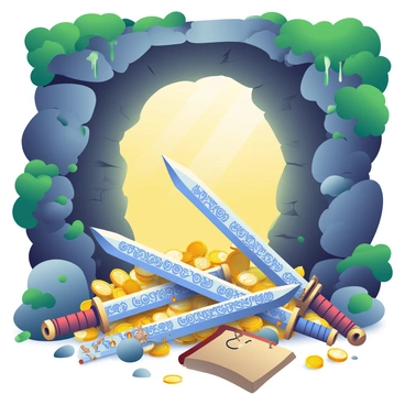 A hidden cave entrance is partially obscured by lush green foliage and moss-covered rocks. Inside the cave, warm light filters through cracks in the stone, illuminating a pile of ancient swords that are partially buried under sparkling gold and silver coins. The swords have intricate designs etched into their blades, some with jeweled hilts that catch the light. Scattered around the treasure are old leather-bound scrolls and rusty artifacts, hinting at the history of the cave. The walls of the cave are rugged and damp, with stalactites hanging from the ceiling, creating an atmosphere of mystery and discovery.