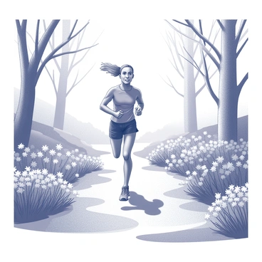 A runner in mid-sprint on a trail. The path is flanked by various flowers and trees, which create a vibrant and natural environment. Sunlight filters through the tree branches, casting shadows on the ground. The runner has an athletic build, wearing a fitted running outfit. The terrain is slightly uneven, adding a dynamic aspect to the scene. The flowers are in full bloom, showcasing their distinct shapes along the sides of the trail.