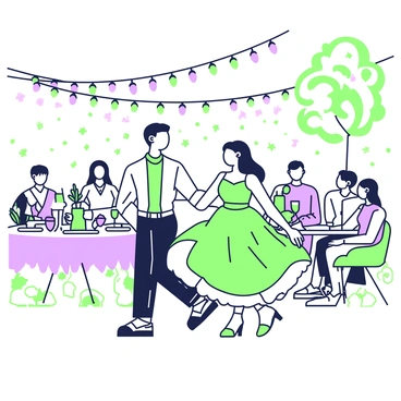 A couple is dancing together under a canopy of twinkling fairy lights at an outdoor gathering. The man is wearing a fitted shirt and dark trousers, while the woman is in a flowing dress that moves gracefully as she spins. Around them, there are small tables adorned with candles and flowers, with guests seated and enjoying their drinks. The atmosphere is lively, with more fairy lights hanging in the trees above, creating a warm and inviting scene. In the background, there are soft shadows of trees and other guests mingling, enhancing the festive ambiance.