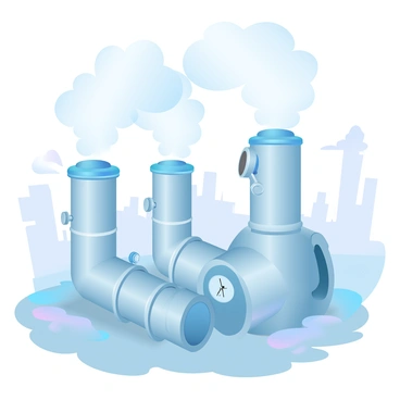 A large industrial space filled with towering steam pipes that are releasing thick clouds of vapor. The pipes are made of metallic material, showing wear and tear from extensive use. There are various valves and gauges attached to the pipes, indicating pressure levels. Surrounding the pipes are large machinery and equipment, with gears and levers prominently visible. The floor is made of concrete, with patches of moisture indicating the presence of condensation. In the background, a dimly lit area shows shadowy outlines of additional industrial structures.