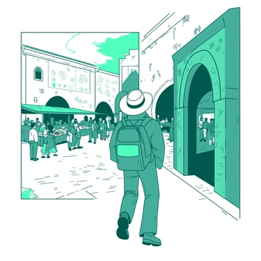 A teal traveler wearing a wide-brimmed hat and a colorful backpack is walking through a narrow cobblestone street in an ancient city. The traveler is gazing up in wonder at a large, intricately carved stone wall that shows signs of age and weathering. Surrounding the traveler, there are various ancient buildings with large archways and decorative elements. In the background, a vibrant marketplace is bustling with locals and visitors, showcasing stalls filled with traditional crafts and foods. The atmosphere captures the essence of cultural appreciation and discovery.