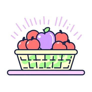 A basket filled with red apples is placed on a wooden surface. In the center of the basket, there is a blue apple that stands out among the red apples. The red apples are shiny and round, creating a contrasting visual with the blue apple. The basket has a woven texture and is made of natural materials. Light is casting soft shadows around the apples, emphasizing their shapes and colors.