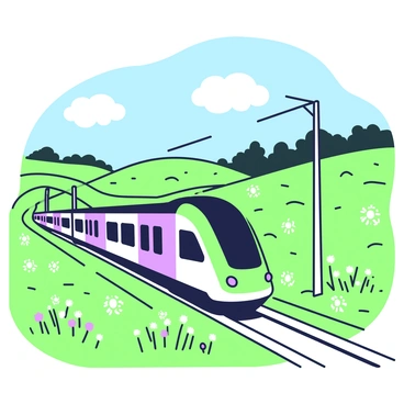 An electric train is speeding along metal tracks that cut through a lush countryside. The train has a sleek, modern design with visible windows. On either side of the tracks, there are sprawling green fields filled with tall grass and wildflowers swaying gently in the wind. In the background, rolling hills are visible, covered with trees and patches of dense vegetation. A clear blue sky stretches above, dotted with a few fluffy white clouds.