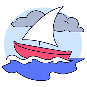 A small boat with a bright red hull and a white sail is depicted in turbulent waters. The boat is leaning to one side, with waves crashing over the sides. The sea is a mixture of dark blue and frothy white, highlighting the choppy nature of the waves. The sky above is gray with darker clouds, suggesting an impending storm. The boat's sail is billowing out, struggling against the strong winds.