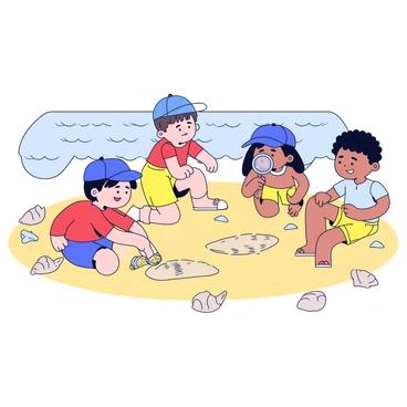 A group of children is exploring a sandy beach during low tide. They are gathered around a small area where fish fossils are partially exposed. One child, wearing a bright red shirt, kneels down and gently brushes sand off a fossil with a small paintbrush. Another child, in a blue cap, squints closely at a fossil with wide eyes. A third child, dressed in yellow shorts, holds a magnifying glass up to one of the fossils, looking curious. The beach surrounding them has gentle waves rolling in the background, and a few seashells are scattered across the sand.