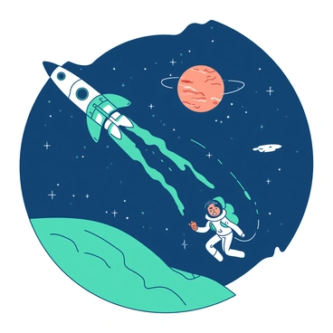 A teal rocket is soaring through a deep blue expanse of space, leaving a trail of shimmering stars in its wake. Nearby, an orange planet with swirling clouds is prominently featured, while a smaller teal planet with craters orbits around it. Two astronauts in white suits are floating beside the rocket, tethered to it with thin lines. One astronaut is waving, while the other is inspecting a small orange gadget in their hand. The background is filled with distant stars and a few wispy clouds of cosmic dust, creating an expansive and lively scene.