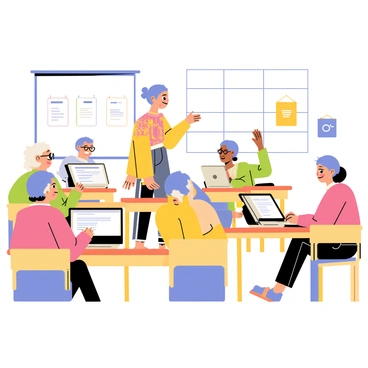 An educator standing in front of a whiteboard in a friendly classroom. The educator is a middle-aged woman with glasses, wearing a colorful sweater, smiling warmly at the seniors. Around the room, several seniors are seated at wooden desks, actively engaged and looking at their computer monitors. Each senior has a laptop open in front of them, displaying a simple user interface. The classroom is decorated with educational posters on the walls and has large windows letting in natural light. Some seniors are raising their hands to ask questions, while others are typing on their laptops, with expressions of concentration.