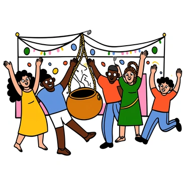 A group of five people is joyfully dancing around a large "dahi handi" pot that is hanging in the center of a courtyard. The courtyard is decorated with colorful streamers and traditional decorations. The first person is a light-skinned woman with big eyes and curly hair, wearing a yellow dress. The second person is a dark-skinned man with big eyes and short hair, dressed in a blue t-shirt and white shorts. The third person is a light-skinned man with big eyes and straight hair, wearing a red shirt and jeans. The fourth person is a dark-skinned woman with big eyes and braided hair, dressed in a green sari. The fifth person is a light-skinned boy with big eyes and tousled hair, wearing a bright orange t-shirt. They are all smiles and have their arms raised, moving energetically in rhythm. The atmosphere is vibrant and filled with excitement.