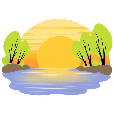 A beautiful sunset casting golden hues over a quiet riverbank lined with trees