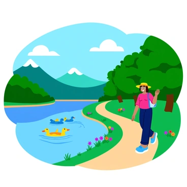 A person walking along a winding lakeside path, dressed in comfortable clothing and a sun hat. The water of the lake is calm, reflecting the clear blue sky above. Several ducks are gliding smoothly across the surface of the water, leaving gentle ripples behind them. Lush green trees line the path, their leaves rustling softly in the breeze, while colorful wildflowers bloom along the edge of the trail. The sun casts warm light over the scene, creating a vibrant atmosphere.