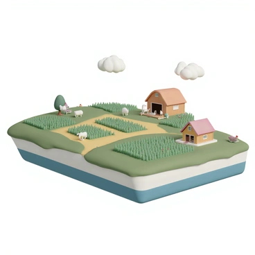 A floating island, featuring vibrant green fields of crops growing in neat rows, with sunlight illuminating the landscape. Various animals, such as cows, sheep, and chickens, are grazing peacefully throughout the island. A wooden barn with a red roof is situated on one side, while a small farmhouse nearby has a porch with rocking chairs. The sky above is clear with a few fluffy clouds, and the edges of the island are adorned with colorful flowers.