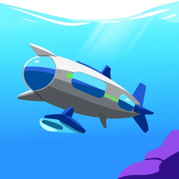 A unique airship designed to explore beneath the ocean surface. The airship features a sleek, elongated body with a metallic exterior that has a blend of deep blue and silver colors, mimicking the ocean depths. Large, transparent observation windows are positioned along the sides, allowing views of the surroundings. The craft is equipped with propellers at its rear and sleek fins on the sides for stability. Various glowing lights are embedded throughout the body, illuminating the airship. Below, there are retractable underwater wings that are deployed when submerging. The airship is set against a backdrop of rich, blue ocean waves, with sunlight filtering through the water's surface.