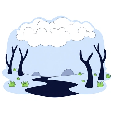 A misty bog with a layer of dense, swirling fog floating above the ground. Twisted trees with gnarled branches rise from the uneven terrain, their dark silhouettes contrasting with the pale mist. At the river's edge, the water appears dark and still, reflecting the shapes of the surrounding trees. Some patches of lush green grass peek through the marshy ground, adding a subtle contrast to the scene.