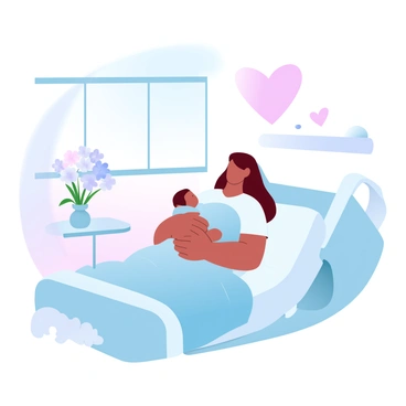 A hospital room with soft, gradient pastel colors on the walls. A mother is sitting on a hospital bed, gently cradling her newborn baby wrapped in a soft blanket. The mother is wearing a hospital gown and has her arms securely around the baby. There is a small table beside the bed with a bouquet of flowers and a card. A window allows soft light to filter into the room, creating a warm and nurturing atmosphere. A small stuffed animal sits at the edge of the bed, adding to the sense of comfort. A large heart shape is visible above them.