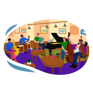 A lively jazz band consisting of four musicians is performing in a cozy, dimly lit cafe. The band features a saxophonist with a shiny gold saxophone, a drummer playing a classic wooden drum set, a pianist at a black grand piano, and a double bassist with a polished wooden bass. The musicians are wearing stylish, colorful outfits, and their expressions reflect enthusiasm and passion for the music. Soft, warm light from hanging pendant lamps illuminates the scene, casting gentle shadows on the wooden tables and chairs where a few patrons sit, enjoying their drinks. Some tables have small potted plants, adding a touch of greenery to the atmosphere. The walls are adorned with framed art, creating a vibrant yet intimate ambiance.