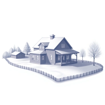 A charming farmhouse with a pitched roof, featuring a front porch and multiple windows. The structure is surrounded by snow-dusted fields that stretch into the distance, creating a peaceful rural landscape. A cozy barn, constructed with wooden beams, is situated nearby, complementing the farmhouse. There are several trees scattered throughout the scene, their branches lightly coated with snow. The overall composition conveys the essence of rural life in winter.
