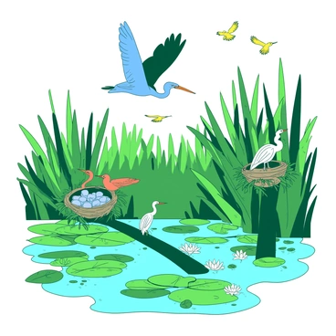 A diverse wetland scene with various bird species nesting and flying overhead