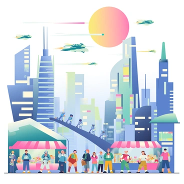 A bustling alien city filled with futuristic skyscrapers that have sleek, metallic exteriors and glowing neon accents. The buildings vary in height and design, some curving elegantly while others feature sharp angular shapes. Flying vehicles of various sizes and colors zip through the sky, leaving trails of light behind them. Below, crowded streets are filled with diverse alien inhabitants, each with unique features, such as bioluminescent skin and multiple limbs. Market stalls line the sidewalks, showcasing exotic foods and colorful merchandise. Above it all, a large, vibrant moon casts a soft glow over the scene.