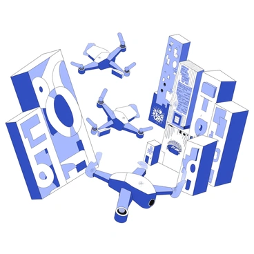 Drones are racing through an urban setting filled with street murals and graffiti. The drones are sleek and aerodynamically designed, zipping past large, colorful murals that depict abstract shapes and bold designs. Various graffiti artworks adorn the walls, showcasing intricate details and messages. The scene captures the dynamic movement of the drones as they navigate around the structures, creating a sense of speed and excitement in this lively environment. The buildings in the background are tall, with a mix of textures and patterns enhancing the urban atmosphere.