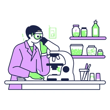 A laboratory scene featuring a scientist examining fennel seeds under a microscope. The scientist is wearing a lab coat, latex gloves, and safety goggles. The microscope is positioned on a clean workspace with a notebook and some writing utensils nearby. The table is also adorned with small glass containers holding various samples. In the background, shelves filled with scientific equipment and jars of herbs are visible. The lighting in the lab is bright, allowing for clear visibility of the details on the microscope and the fennel seeds.