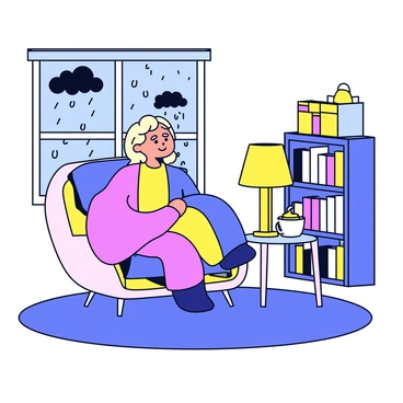 A person sitting on a soft, cushioned chair, wrapped snugly in a colorful blanket. The room has warm lighting emanating from a nearby lamp, creating a comforting glow. A window reveals heavy rain pouring down and strong winds, with dark clouds visible outside. The floor is covered with a thick rug and there is a bookshelf filled with books against one wall. A steaming cup of tea rests on a small table beside the person.