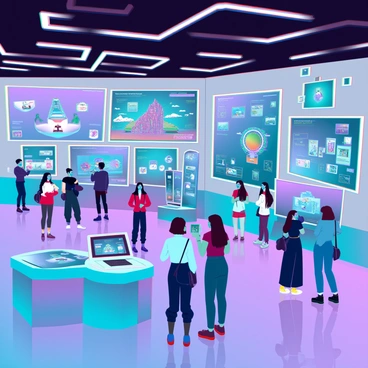 A vibrant digital art gallery filled with various NFTs and digital paintings displayed on sleek, modern screens and digital frames. The gallery is illuminated with dynamic LED lights that change colors, creating an engaging atmosphere. Visitors of diverse backgrounds are scattered throughout the space, interacting with the artwork, some taking pictures while others are discussing the pieces. The walls are adorned with large digital displays showcasing animated art and interactive installations, while the floors are polished and reflect the lights above. In one corner, a virtual reality station allows visitors to immerse themselves in a unique digital artwork experience.