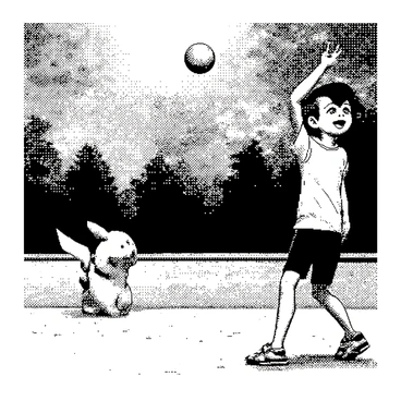 A Pokémon trainer is standing in a park, with a focused expression on their face. The trainer has short brown hair and is wearing a cap, a t-shirt, and shorts. They are mid-motion, their arm extended forward as they throw a Poké Ball. The Poké Ball is flying through the air towards a wild Pikachu that is standing nearby. The Pikachu has its ears perked up and an excited expression, ready to react. The background features lush green grass and a few trees, creating a lively atmosphere in the park.