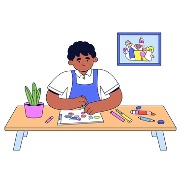An artist is sitting at a wooden table with a sketchbook open in front of them. The artist has short black hair and is wearing a blue apron over a white shirt. They are focused on drawing a colorful illustration with various art supplies scattered around, including pencils, markers, and an eraser. A small plant is on the table, adding a touch of green. A framed picture of previous illustrations hangs on the wall in the background. The atmosphere is lively and creative.