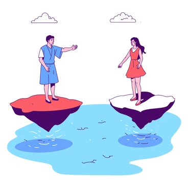 Two individuals are standing on separate floating islands that hover above a vast ocean. The first person, wearing a blue tunic, has their arm outstretched towards the other, who is dressed in a red dress. Both are standing at the edge of their islands, with expressions of longing on their faces. The sunlight illuminates the scene, creating a shimmering reflection on the water below. Between them, there is a wide expanse of sea, with gentle waves lapping against the bases of the islands. Small clouds drift in the sky, adding a sense of depth to the scene.