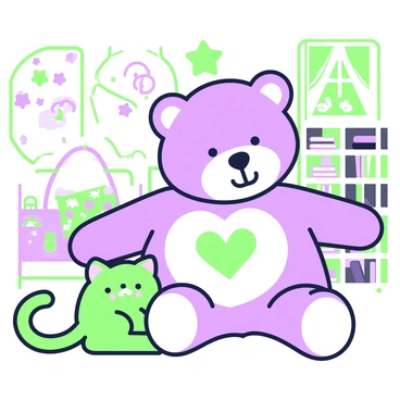 A tom kitten with soft fur is snuggled up against a giant teddy bear in a child's bedroom. The kitten is curled up, with its eyes closed, resting comfortably on the bear's fluffy belly. The teddy bear is sitting upright, with a friendly expression and a stitched heart on its chest. The room is bright and playful, with colorful wall decorations featuring stars and clouds. A small bed with a patterned blanket is in the background, and a bookshelf filled with children's books is visible on the side. A window lets in natural light, casting gentle shadows across the room.