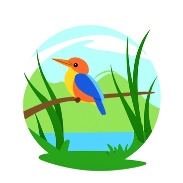A vibrant kingfisher perched on a slender branch, showcasing its bright blue and orange feathers. The bird is located in a secluded area, surrounded by tall, green cattail reeds swaying gently in the breeze. The background features soft, blurred hints of greenery, enhancing the focus on the kingfisher. Sunlight filters through the reeds, casting delicate shadows on the ground below where small tufts of grass peek through.