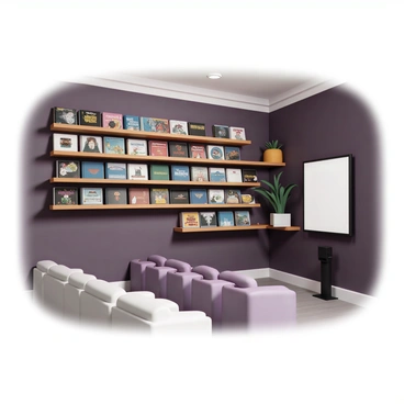 A collection of "classic films and DVDs" neatly arranged on "wooden shelves" in a "home theater." The "shelves" are filled with various DVD cases featuring recognizable cover art, displaying titles from different genres. The "home theater" is equipped with "plush seating," and the "walls" are painted a deep, rich color. "Soft lighting" enhances the warm atmosphere, making the space inviting for movie nights. A "large screen" is visible, positioned in front of the seating area, ready for viewing.