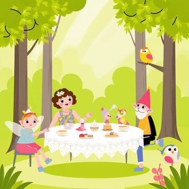 A clearing in a vibrant green forest filled with tall trees. A whimsical tea party is taking place on a round, richly decorated table covered with a lace tablecloth. "Hermine," a young girl with curly brown hair, is seated at the table, wearing a colorful dress and a flower crown. Surrounding her are her magical friends, including a smiling fairy with translucent wings, a cheerful gnome with a red hat, and a wise owl perched on a nearby branch. Delicate teacups filled with steaming tea and an assortment of colorful pastries are displayed on the table. Sunlight filters through the leaves, casting dappled shadows on the ground.