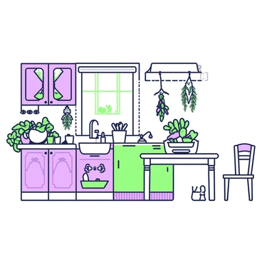 An isometric view of a rustic kitchen featuring wooden cabinets with intricate carvings. On the left side, there is a farmhouse sink with a vintage faucet, surrounded by potted herbs on the countertop. Hanging above the sink, clusters of dried herbs are tied with twine, creating a cozy atmosphere. To the right, a wooden table with mismatched chairs sits, adorned with a basket of fresh vegetables. A window above the sink allows light to filter through, illuminating the wooden beams on the ceiling.