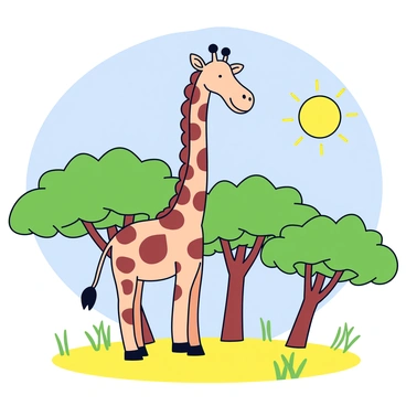 A tall giraffe with a big grin stands among the treetops in a sunny savannah. The giraffe has a light brown coat with darker brown patches. Its neck is elongated as it peeks over the lush green treetops. The sun casts warm light, creating soft shadows on the ground, where a few grasses sway in the gentle breeze. In the background, a clear blue sky stretches overhead.