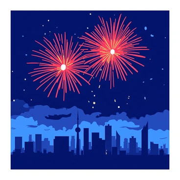 A dark blue night sky is filled with a vibrant explosion of red and yellow fireworks, lighting up the scene. Below, a detailed city skyline showcases various buildings, with silhouettes of high-rise structures outlined against the fireworks. The fireworks burst in an array of shapes and patterns, creating a festive atmosphere. Some bursts are large and round, while others shoot upward in long trails. The city lights twinkle in contrast to the colorful display above, enhancing the overall celebratory feel of the scene.