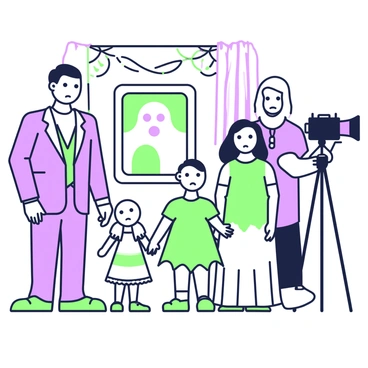 A ghostly family is posing for a portrait in a vintage photography studio. The parents, both translucent figures, are standing on either side of two ghostly children. The father wears a classic suit, while the mother is dressed in a flowing gown, both with sad expressions. The children, a boy and a girl, are holding hands and gazing toward the camera, their features slightly blurred. In the background stands the photographer's ghost, a figure in old-fashioned attire adjusting a large camera on a tripod. The studio is decorated with ornate frames and draped curtains, creating an atmosphere of an old-time setting.