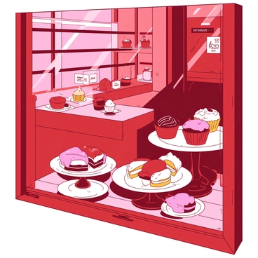 A red window showcases a vibrant display of pastries and desserts in a Grenoble patisserie. There are various desserts including cream-filled éclairs, beautifully decorated cupcakes, and glossy fruit tarts with shiny glazes. Each pastry is meticulously arranged on elegant white porcelain platters. The sunlight filters through the glass, highlighting the rich colors and textures of the treats, enticing passersby. In the background, the charming interior of the patisserie is softly blurred, emphasizing the delicious creations on display.