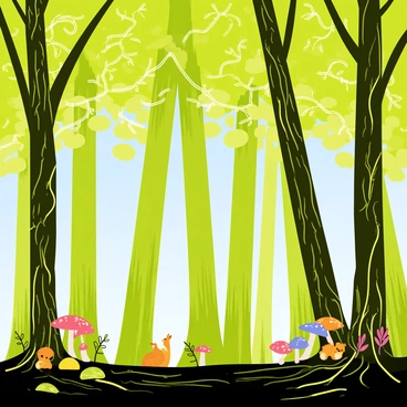 A dense forest filled with tall, green trees extending their branches towards a bright blue sky. Visible threads of white mycelium weave between the tree roots and trunks, illustrating a network of communication. Some trees have clusters of colorful mushrooms growing at their bases, and small animals like squirrels and birds can be seen interacting among the trees. Sunlight filters through the leaves, casting dappled shadows on the forest floor, which is covered in rich, dark soil and scattered with fallen leaves.